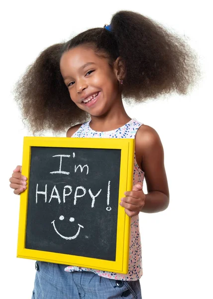 Linda Chica Afroamericana Riendo Sosteniendo Cartel Con Una Frase Feliz — Foto de Stock