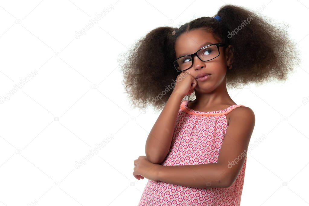 Cute african american small girl wearing glasses and thinking - Isolated on white