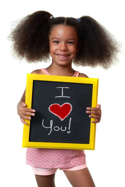 Симпатичная Африканская Американская Девушка Держит Люблю Знак Изолированы Белом — стоковое фото