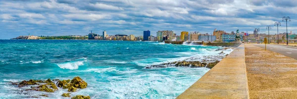Panoramic View Havana Skyline Iconic Malecon Seawall Stormy Ocean Stock Picture