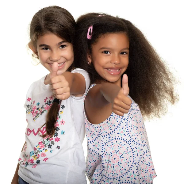 Cute Hispanic African American Small Girls Doing Thumb Sign Smiling — Stock Photo, Image