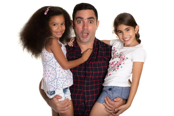 Multiracial Family Hispanic Father Funny Face Hugging His Two Mixed — Stock Photo, Image