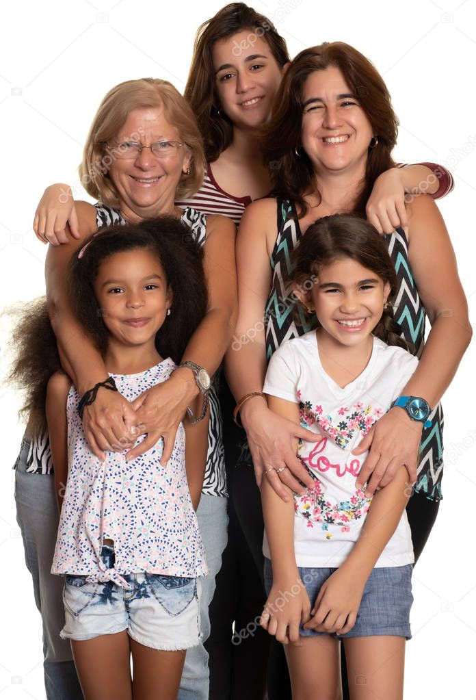 Multiracial family hugging, Grandmother, mom and her three mixed race daughters - Isolated on white