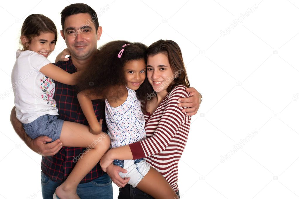 Multiracial family, Hispanic father with his three mixed race daughters - Isolated on white
