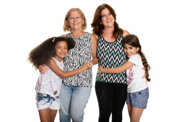 Multiracial Family Mom Grandmother Hugging Mixed Race Daughters Isolated White — Stock Photo, Image