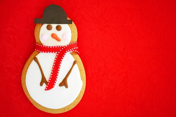Snowman Gingerbread Man Jaunty Hat Scarf Vivid Red Background Horizontal — Stock Photo, Image