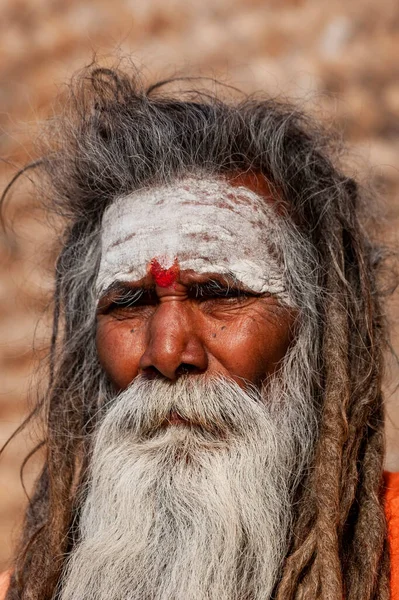 Portret Van Een Bebaarde Sadhu Man Met Geschilderd Voorhoofd Dreadlocks — Stockfoto