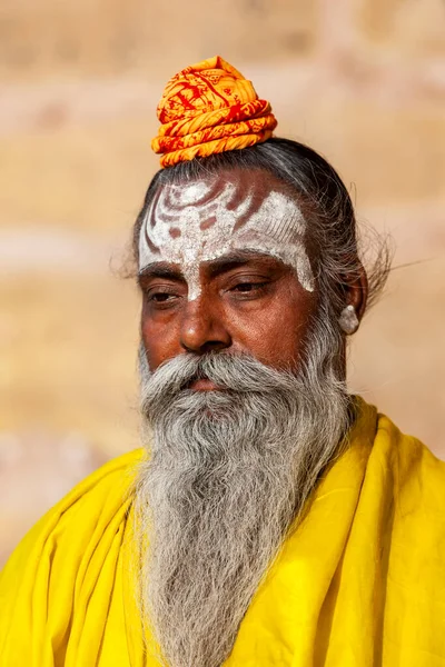 Porträtt Skäggig Sadhu Man Med Målad Panna — Stockfoto
