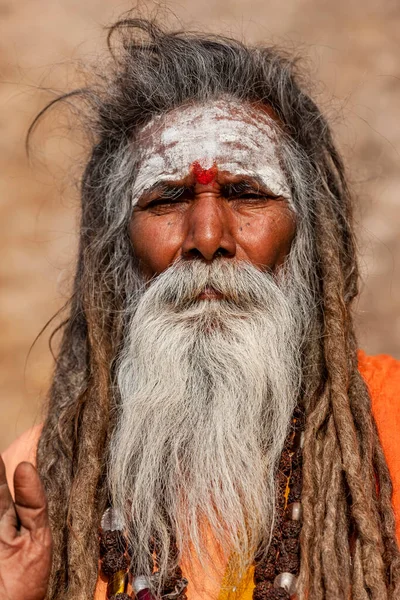Portret Brodatego Sadhu Pomalowanym Czołem Dredami — Zdjęcie stockowe