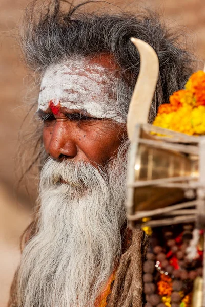 Портрет Бородатого Садху Нарисованным Лбом — стоковое фото