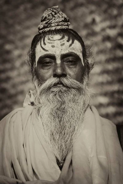 Retrato Homem Barbudo Sadhu Com Testa Pintada — Fotografia de Stock