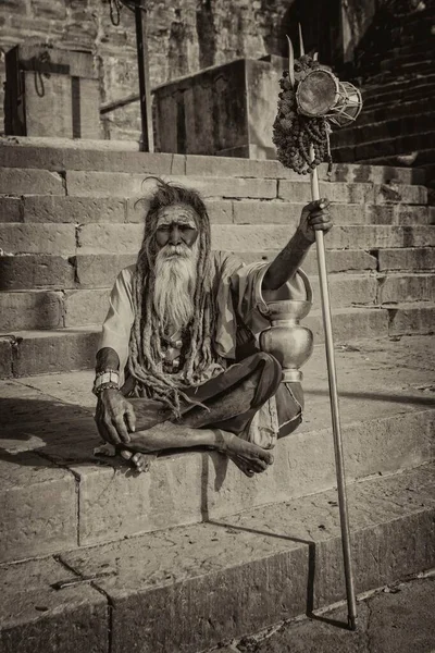 India Varanasi Abril 2011 Hombre Sadhu Identificado Con Frente Pintada — Foto de Stock