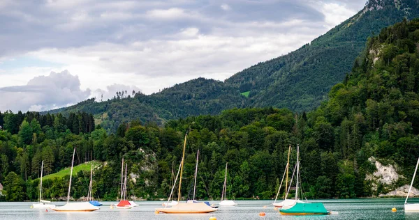 Boats Lake Wolfgangsee Salzburg Mountain View Austria August 2020 — Stock Photo, Image