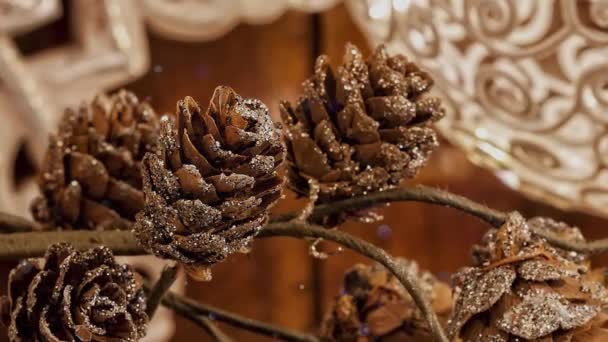 Video Snowy Pine Cones Christmas Decoration Advent Season Snowfall Effect — Stock Video
