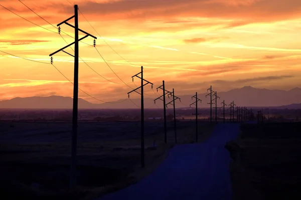 Detalle Líneas Telefónicas Líneas Eléctricas Silhouetted Amanecer Atardecer Silueta — Foto de Stock