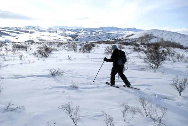 Adam Snowshoeing Karayak Eğlence Için Bir Kış Peyzaj — Stok fotoğraf