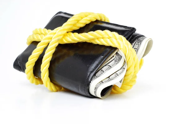 お金の節約と投資の保護を表すそれ周りにロープで現金財布 — ストック写真