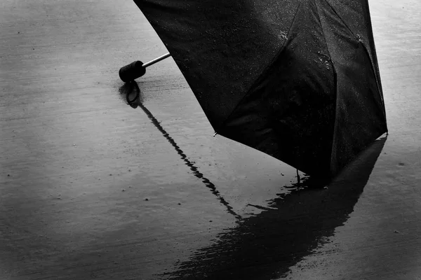 Wet Black Umbrella Stormy Rainy Weather Providing Shelter Rain Storm — Stock Photo, Image