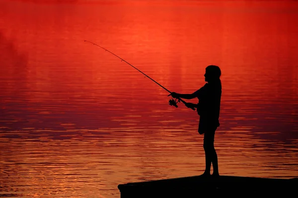 Jeune Enfant Enfant Pêche Dans Lac Rivière Coucher Soleil Loisirs — Photo