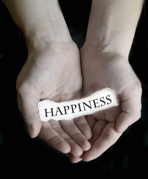 Manos sosteniendo la felicidad Word Sign Paper — Foto de Stock