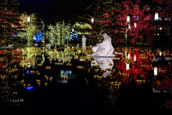 Christmas Lights Reflecting Pool Water Night Surrounded Darkness — Stock Photo, Image