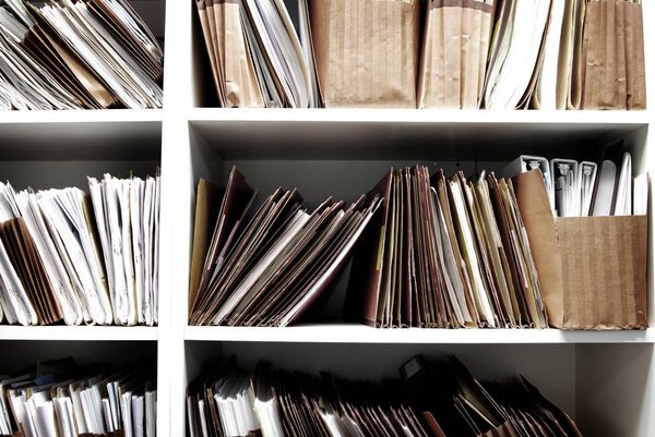 Files on shelf organized for office work legal or medical