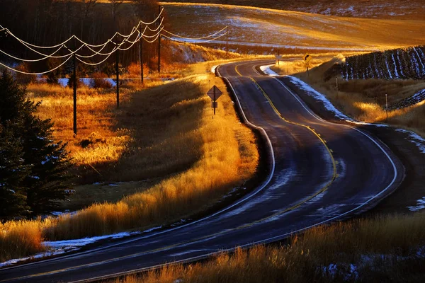 Old Country Road Turns Curves Telephone Wires Glowing Golden Sunlight — Stock Photo, Image