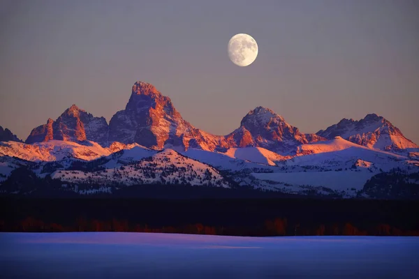Sonnenuntergang Mit Alpenglühen Auf Tetons Tetons Berge Zerklüftet Mit Mondaufgang — Stockfoto