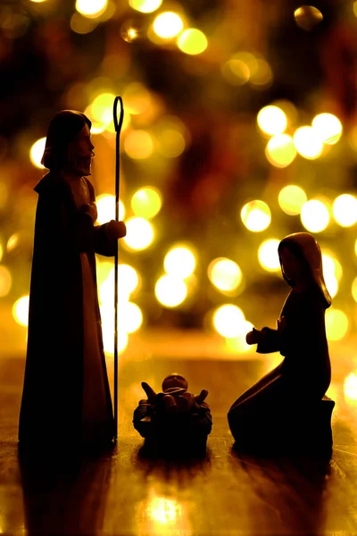 Closeup Nativity Christmas Lights Out Focus True Meaning Christian Holiday — Stock Photo, Image