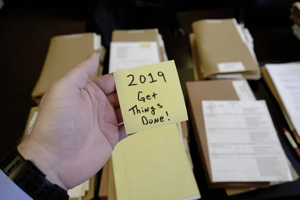 2019 Get Things Done Sticky Note Hand Files on Desk Message Motivation