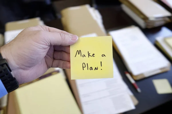 Sticky Note Hand Businessman Desk Files Folder Working Message Motivation — Stock Photo, Image