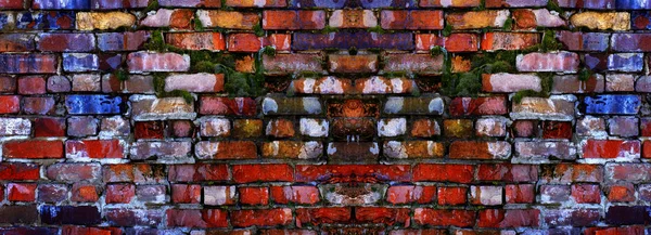 Kleurrijke Oude Bakstenen Muur Die Getextureerde Uiteenvalt Met Groene Mos — Stockfoto