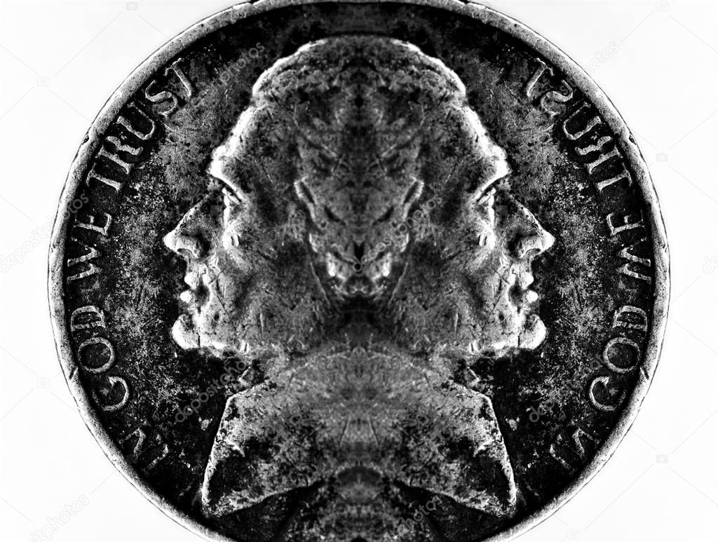 Double Headed Coin of Silver American Money with words In God We Trust Cash wealth