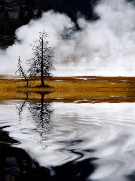 Θερμοπίδακες και ατμού που ανεβαίνει στο εθνικό πάρκο Yellowstone αντανάκλαση — Φωτογραφία Αρχείου