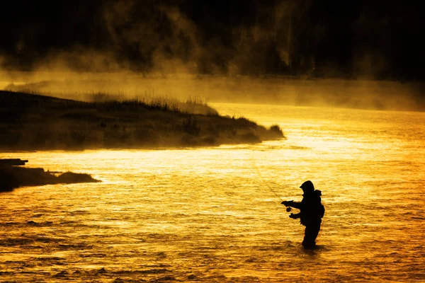 Ea は川黄金色の太陽の男フライフィッシング釣りのシルエット — ストック写真