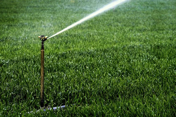 Sprinkler bevattnings system sprutvatten på fältet — Stockfoto