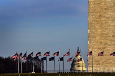 Amerikan Bayrakları ve Washington Monumen ile Amerika Birleşik Devletleri Capitol