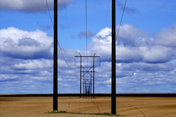 Powerlines i fält med blå himmel och moln — Stockfoto