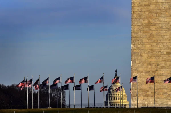 Amerikan Bayrakları ve Washington Monumen ile Amerika Birleşik Devletleri Capitol — Stok fotoğraf