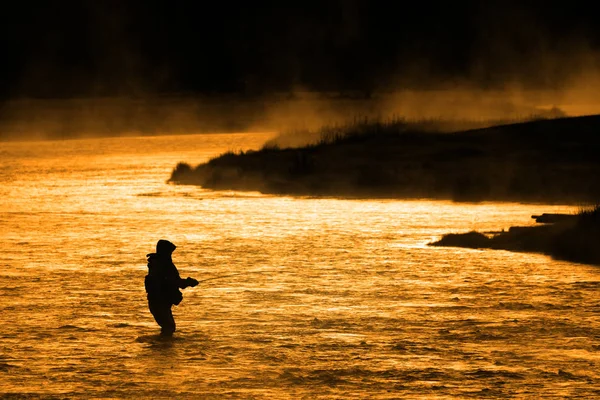 Adam Flyfishing Balıkçılık nehir silüeti altın güneş ışığı — Stok fotoğraf