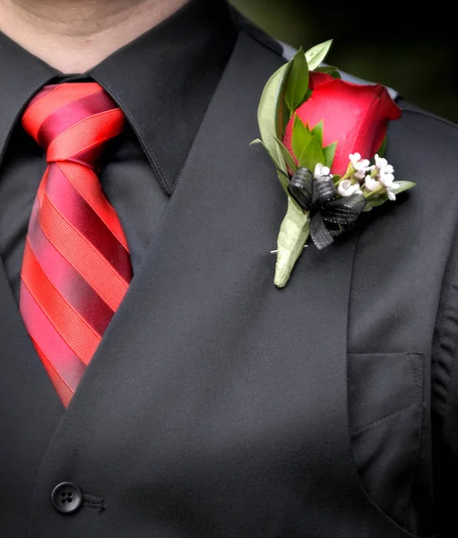 Muž na sobě kravatu formální oblek a květ — Stock fotografie