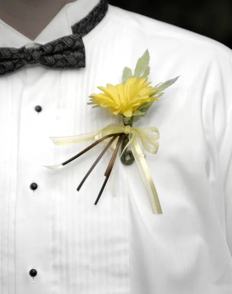Hombre usando traje formal corbata y flor — Foto de Stock