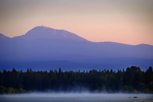 Amanecer puesta de sol en el lago con niebla levantándose de los pinos de agua un — Foto de Stock