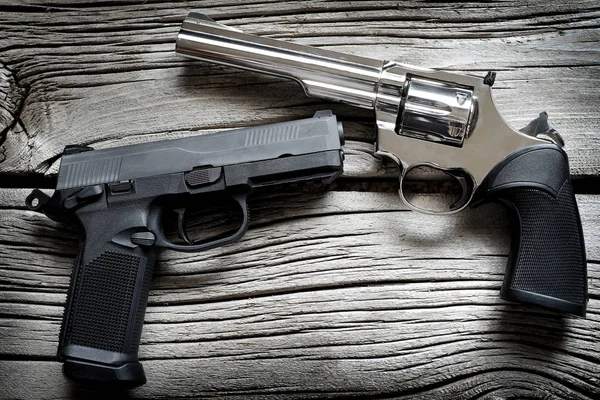 Handguns Pistols on Old Wood Weapons for Self Defense — Stock Photo, Image