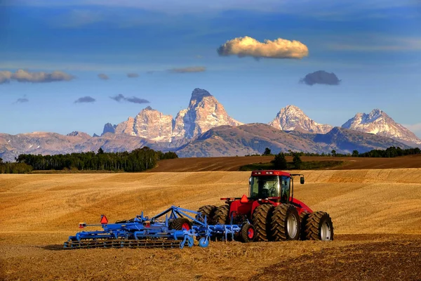 Exploitation de tracteurs Récolte au sol des cultures à l'automne Teton Mou — Photo