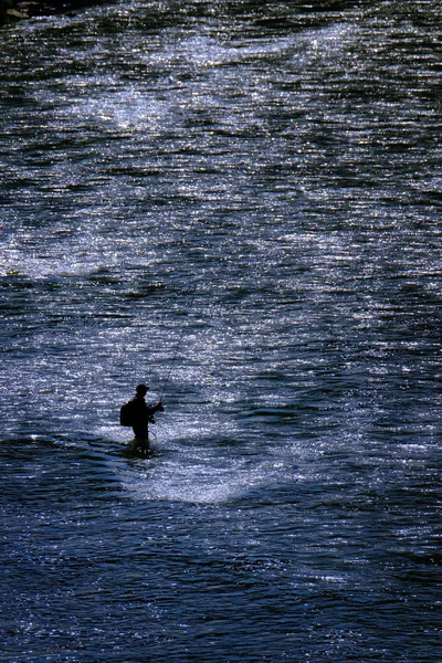 飞钓鱼渔夫飞钓鱼在河剪影 — 图库照片