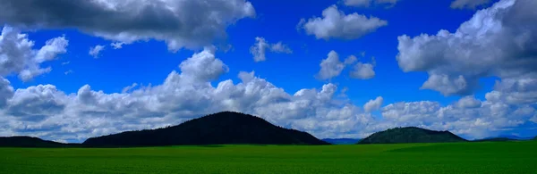 緑のフィールド草の山の丘と雲と青空 — ストック写真