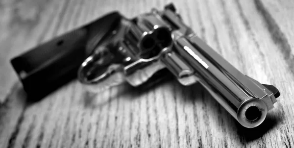 Closeup Powerful Handgun Bullets Old Wooden Surface — Stock Photo, Image