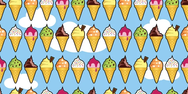 在明亮的蓝天上 冰淇淋锥的无缝背景图案 — 图库矢量图片