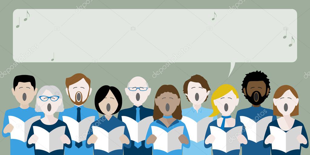 group of choir singers with speech bubble for text